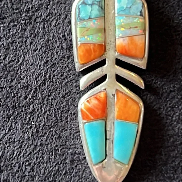 Navajo Native American Vintage feather Sterling Silver Lazuli turquoise pendant - Picture 3 of 7